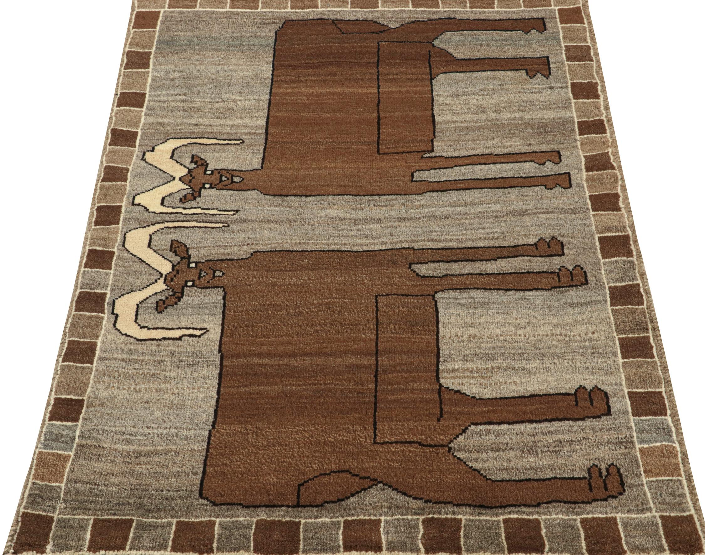 Tribal Rare Vintage Gabbeh Rug in Gray with Brown Animal Pictorials by Rug & Kilim For Sale
