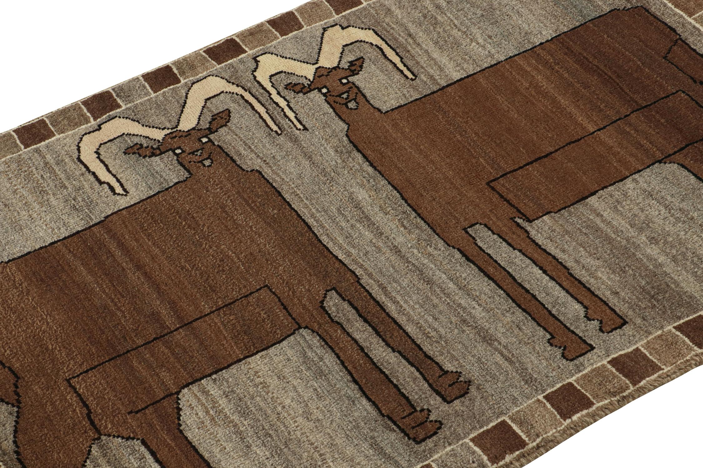 Turkish Rare Vintage Gabbeh Rug in Gray with Brown Animal Pictorials by Rug & Kilim For Sale