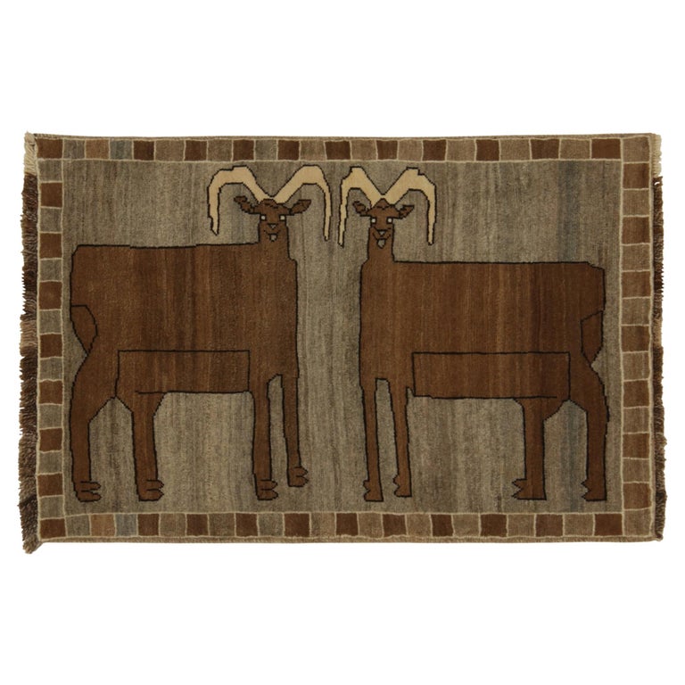 Rare Vintage Gabbeh Rug in Gray with Brown Animal Pictorials by Rug and