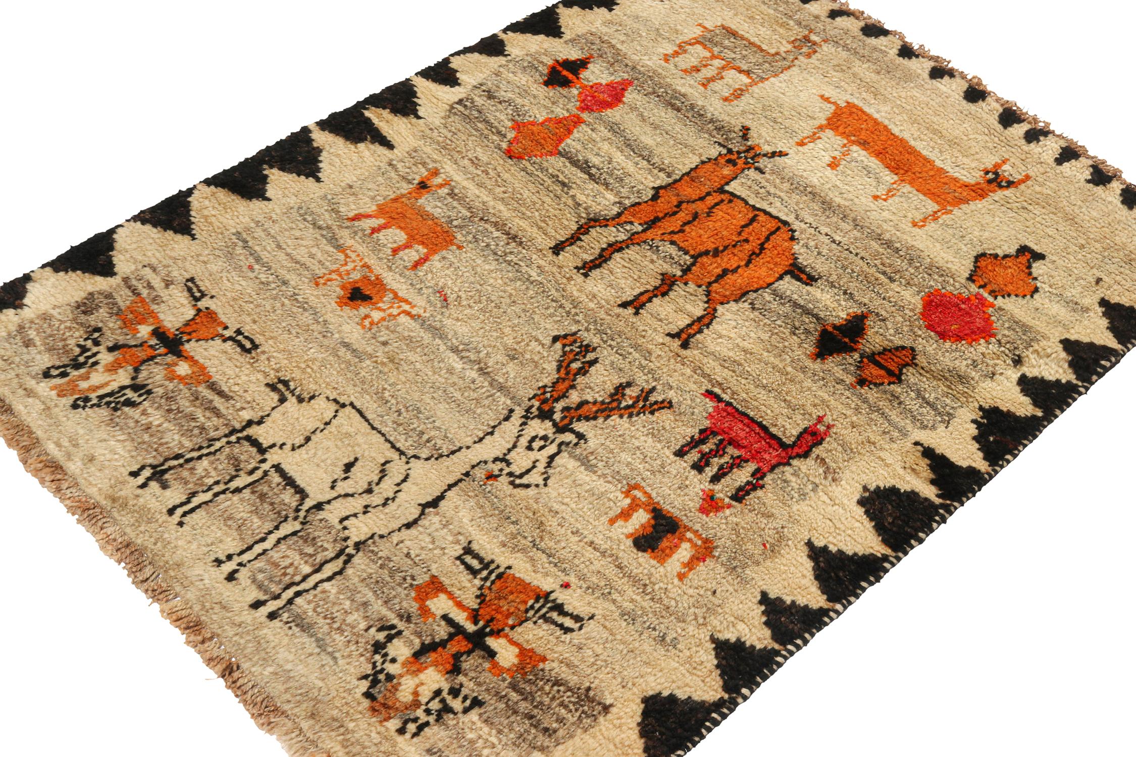 This vintage 3x4 Gabbeh Persian rug is from the latest entries in Rug & Kilim’s rare tribal curations. Hand-knotted in wool circa 1950-1960.

On the Design:

This tribal provenance is one of the most primitive, and collectible shabby-chic styles