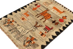 Rare Vintage Gabbeh Tribal Rug in Beige Pictorial Patterns by Rug & Kilim