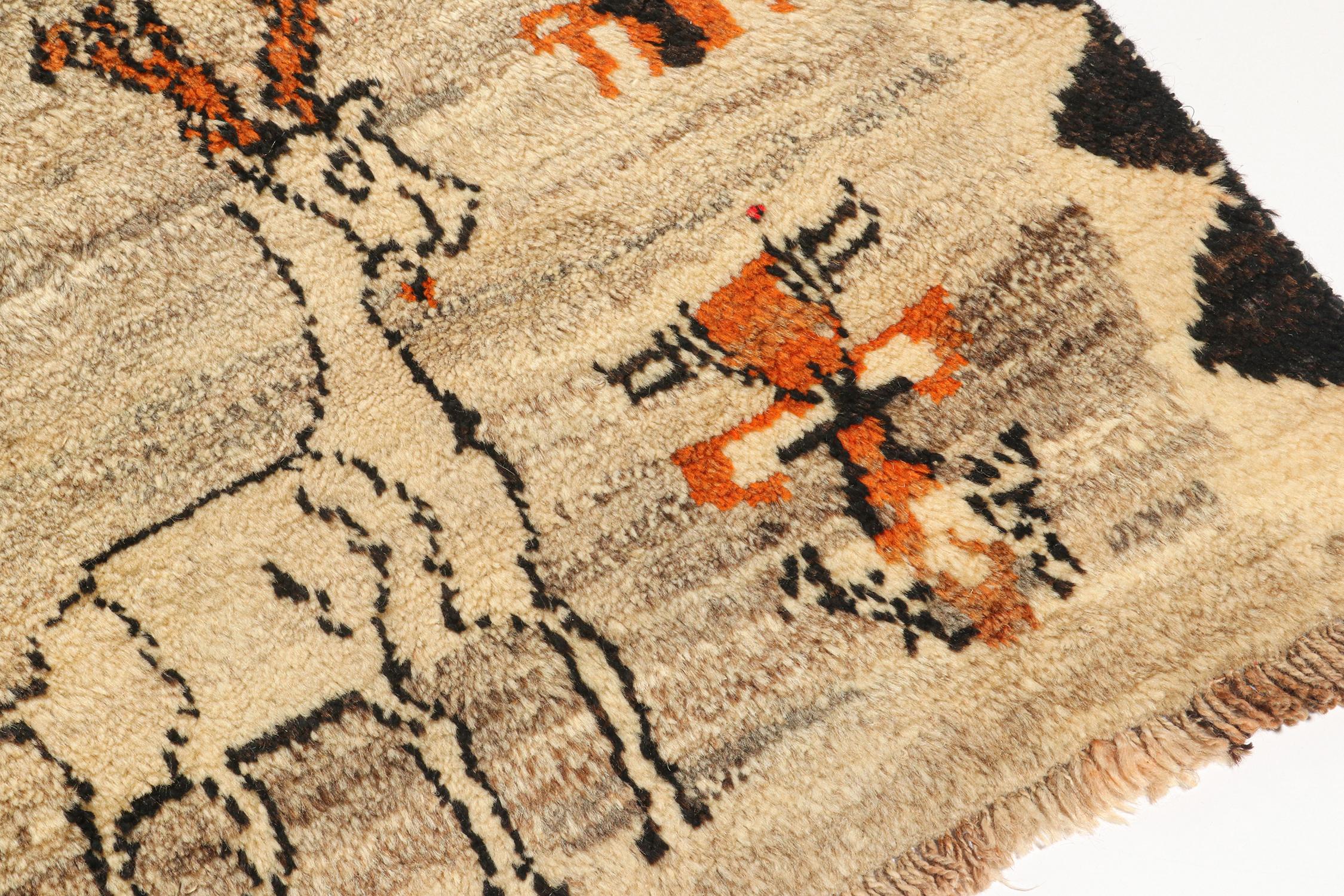 Hand-Knotted Rare Vintage Gabbeh Tribal Rug in Beige Pictorial Patterns by Rug & Kilim For Sale