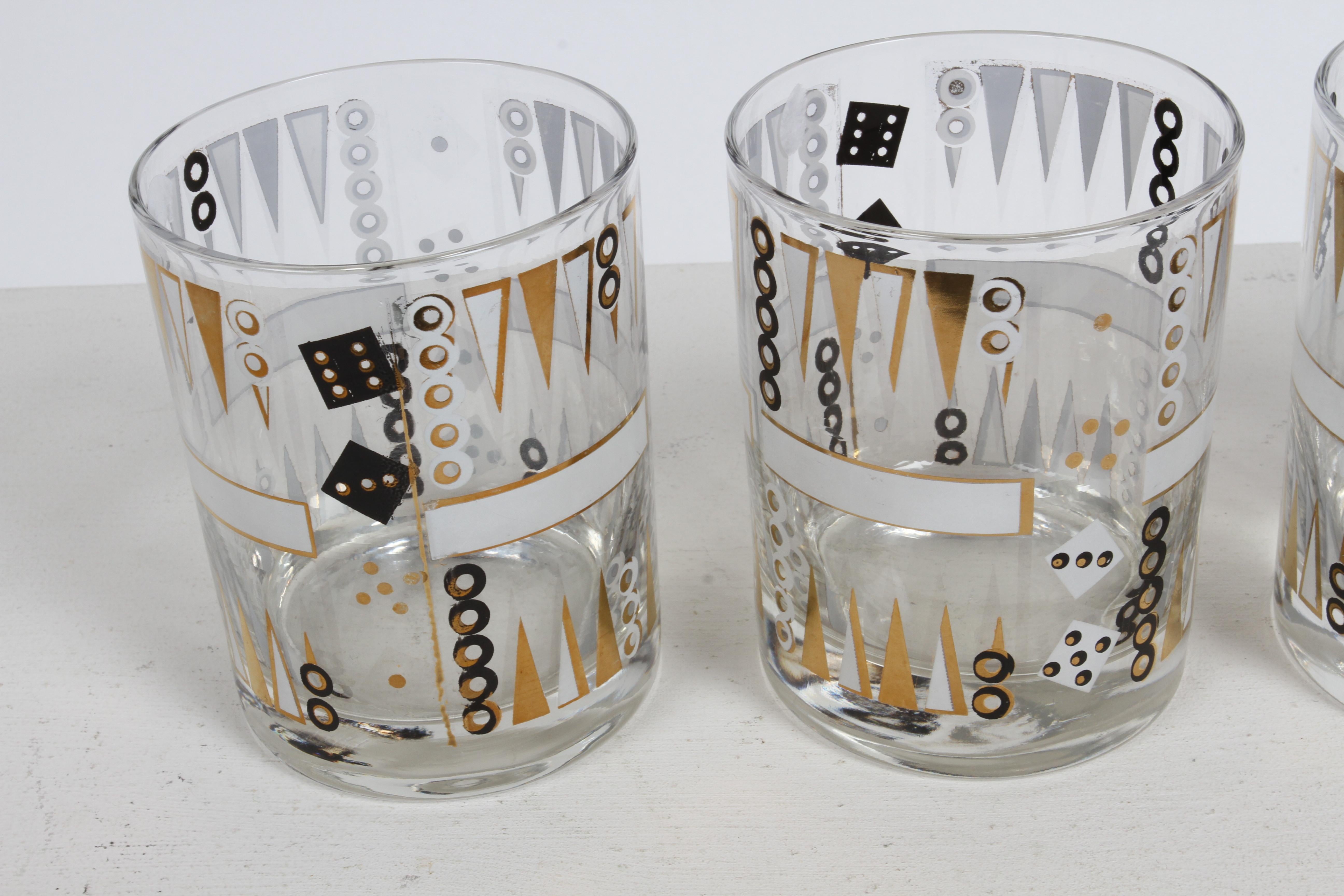 Seltene Vintage Georges Briard Backgammon Thema Low Ball Rocks Bar Gläser Set - 5 im Angebot 1