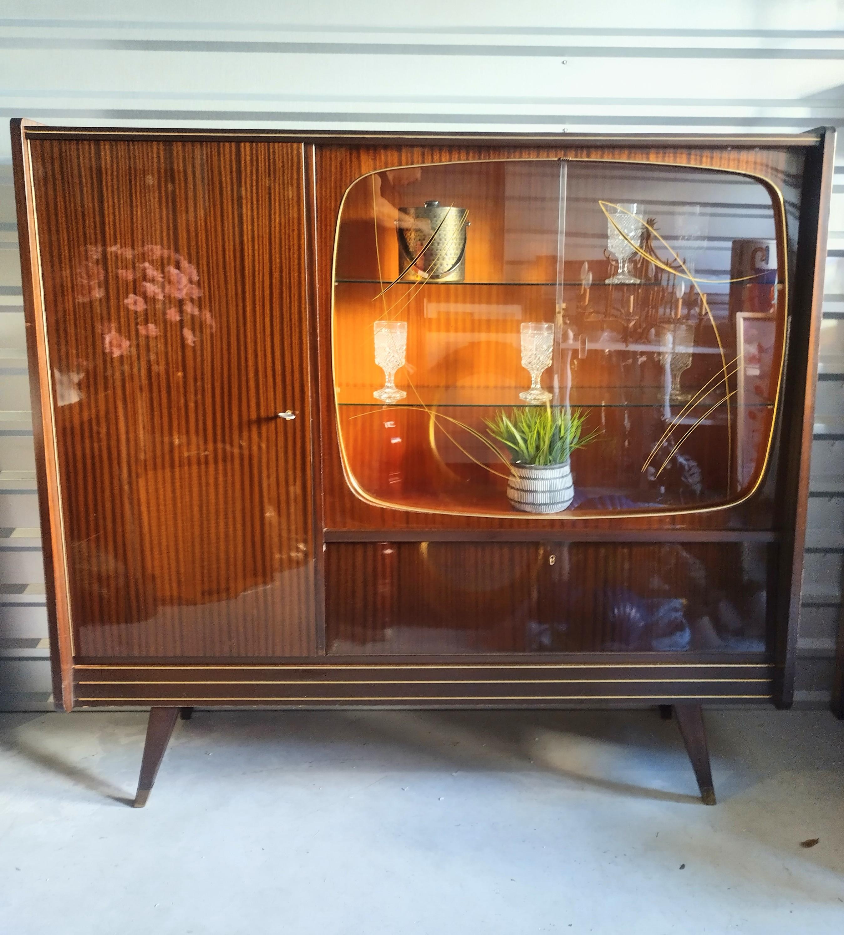Mid-20th Century Rare Vintage German Qualitasmobel Mcm 1950s Shrunk Glass Shelf Dry Bar Cabinet For Sale