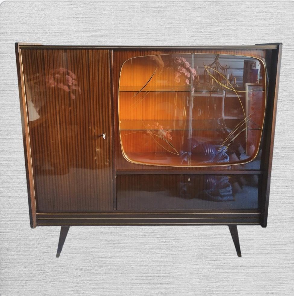 Seltener deutscher Qualitasmobel Mcm-Barschrank aus geschmolzenem Glas, Vintage, Qualitasmobel, 1950er Jahre (Mitte des 20. Jahrhunderts) im Angebot