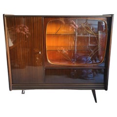 Rare Used German Qualitasmobel Mcm 1950s Shrunk Glass Shelf Dry Bar Cabinet