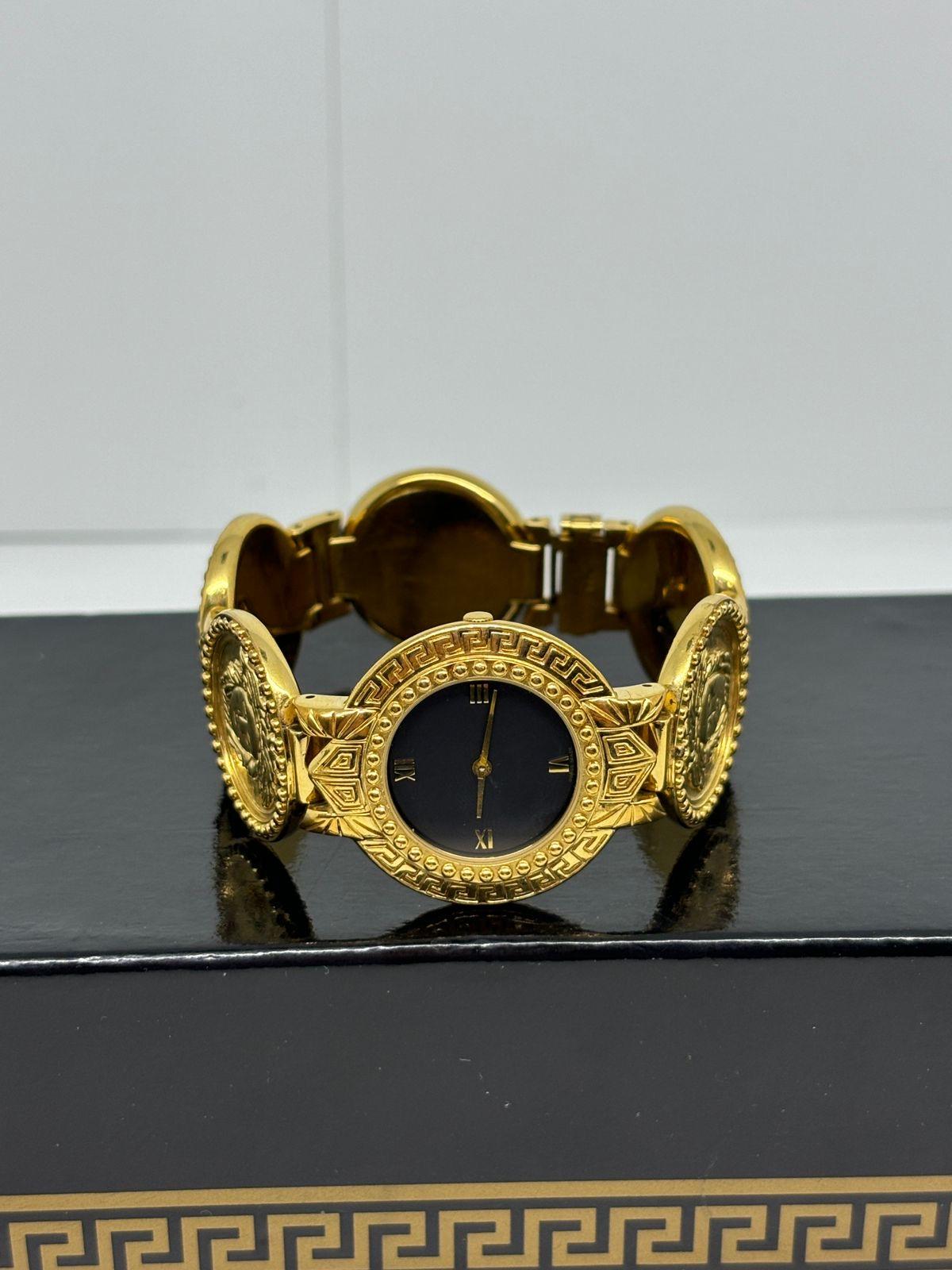 Rare Vintage Gianni Versace Gold Plated Medusa Gold Coin Black Dial Wrist Watch For Sale 6