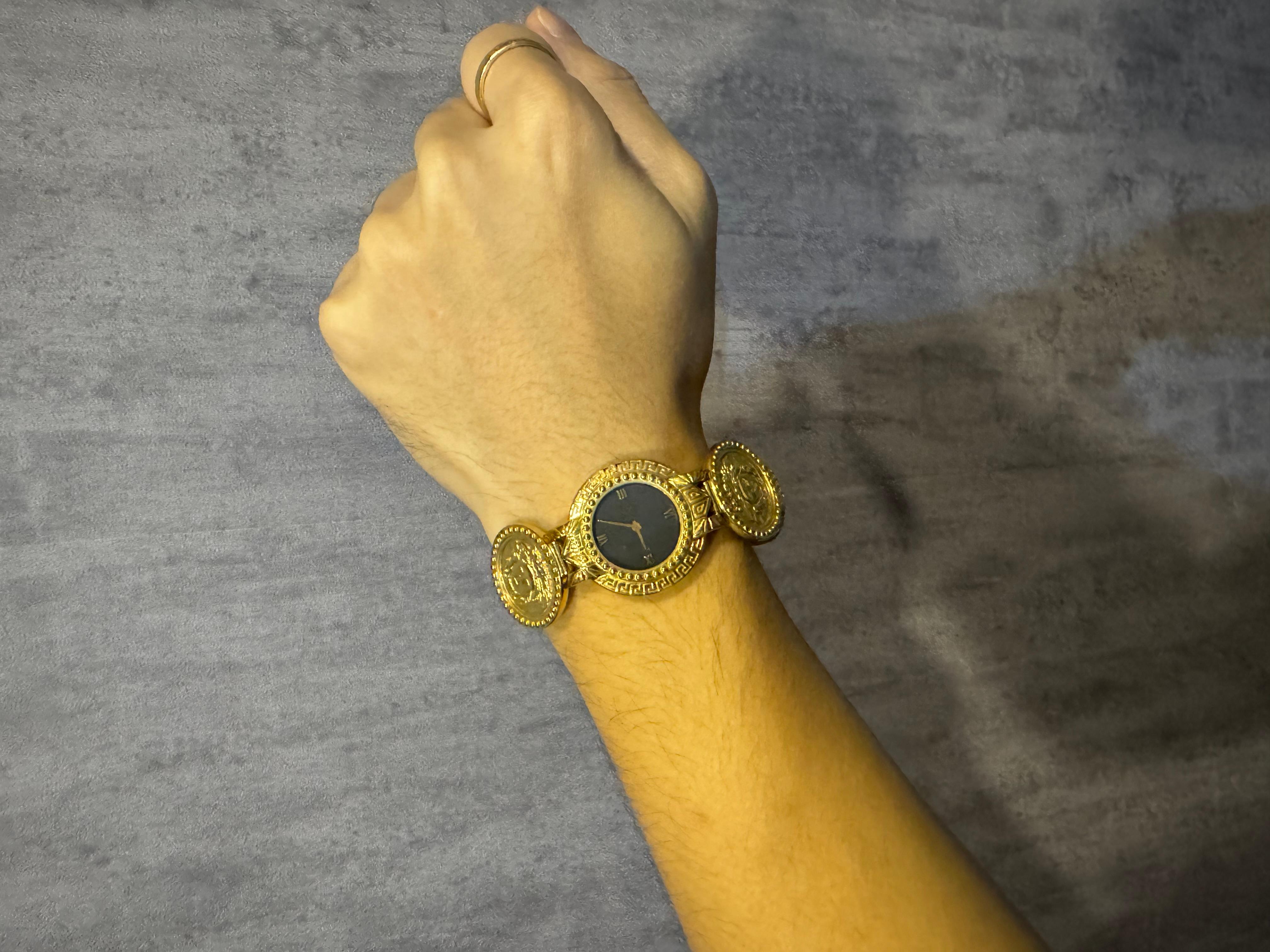 Rare Vintage Gianni Versace Gold Plated Medusa Gold Coin Black Dial Wrist Watch For Sale 9