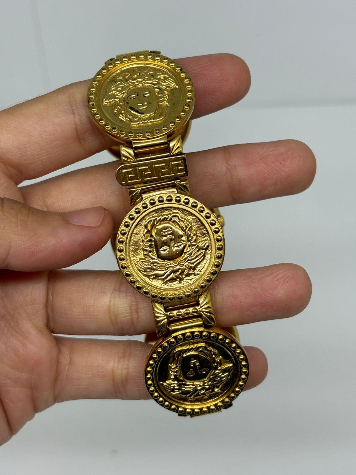 Women's or Men's Rare Vintage Gianni Versace Gold Plated Medusa Gold Coin Black Dial Wrist Watch For Sale