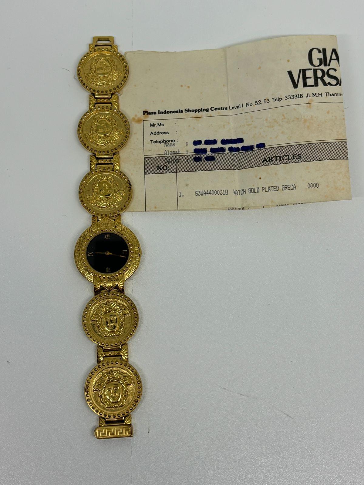 Rare Vintage Gianni Versace Gold Plated Medusa Gold Coin Black Dial Wrist Watch For Sale 1
