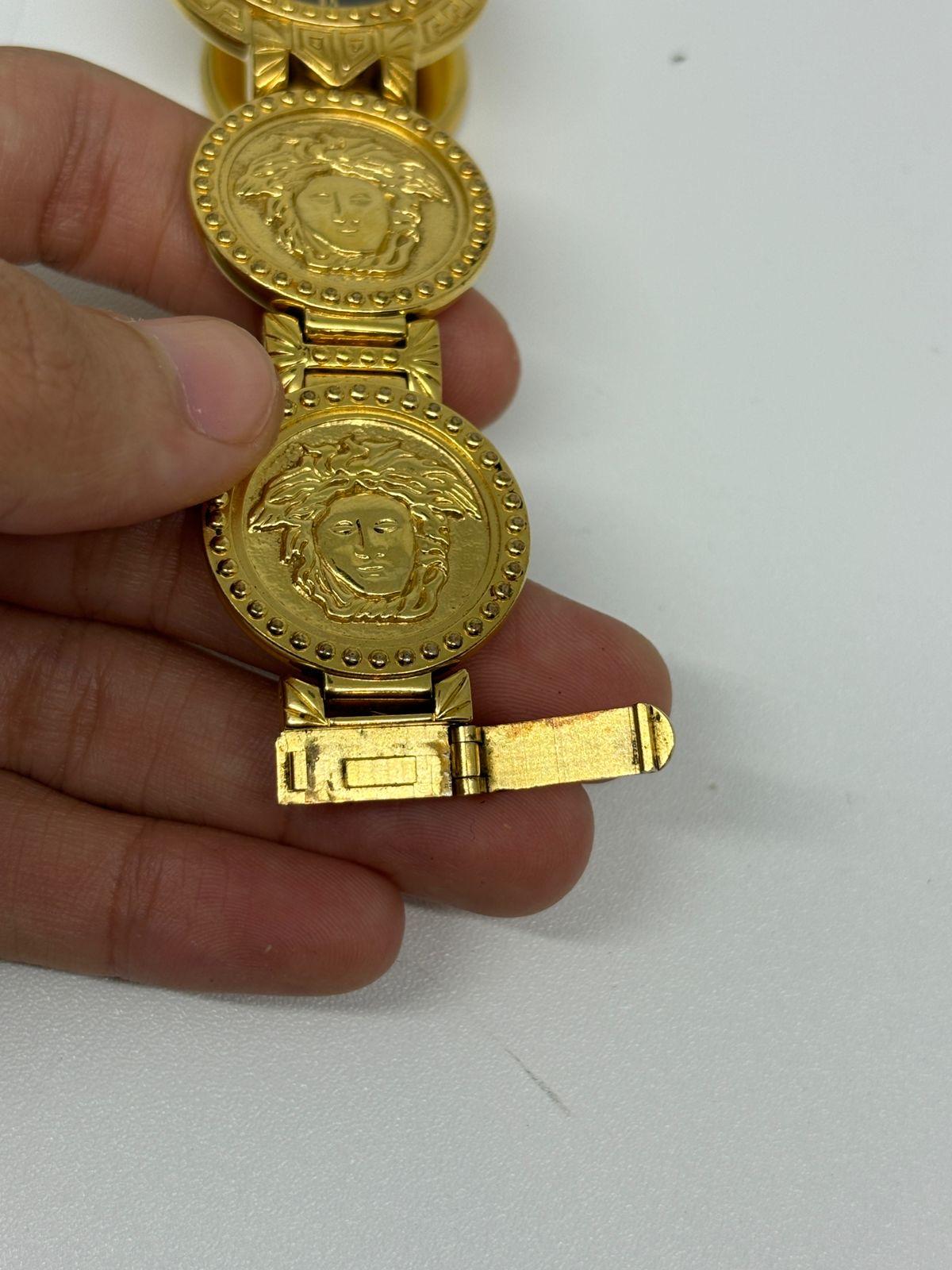 Rare Vintage Gianni Versace Gold Plated Medusa Gold Coin Black Dial Wrist Watch For Sale 2