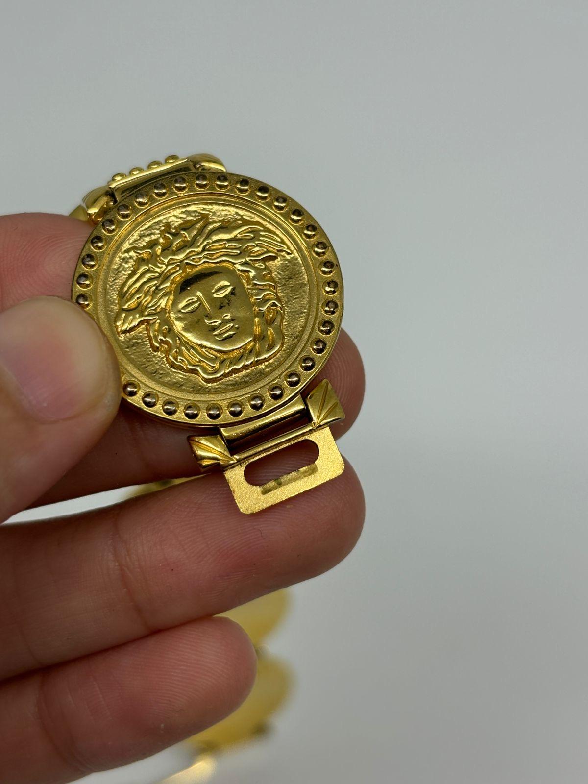 Rare Vintage Gianni Versace Gold Plated Medusa Gold Coin Black Dial Wrist Watch For Sale 3