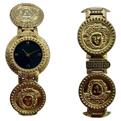 Rare Vintage Gianni Versace Gold Plated Medusa Gold Coin Black Dial Wrist Watch