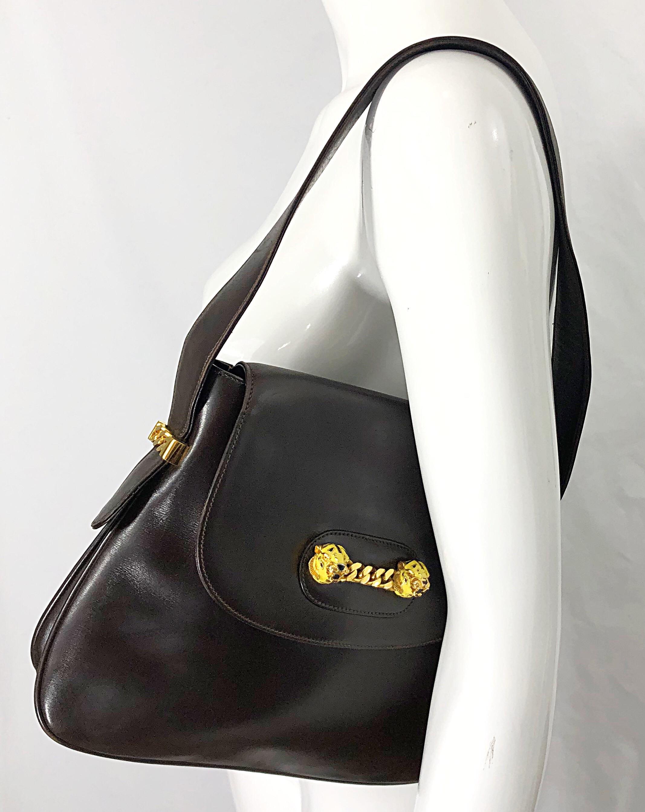 Rare Vintage Gucci 1970s Brown Leather Enamel Tiger Gold Chain Handbag Purse Bag 4