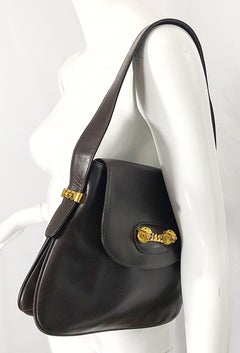 Seltene Vintage Gucci 1970er Brown Leder Emaille Tiger Gold Kette Handtasche Handtasche Tasche