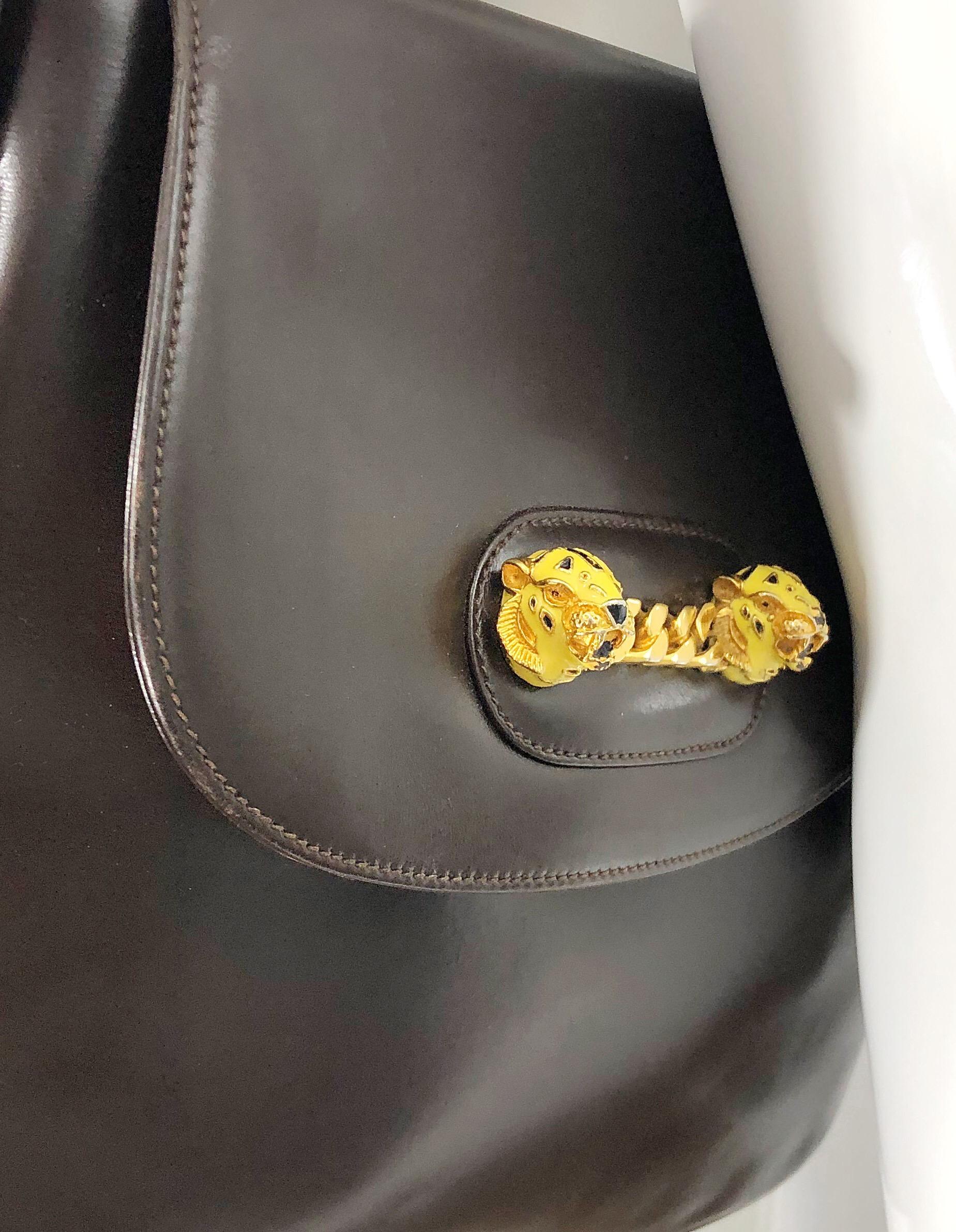 Women's Rare Vintage Gucci 1970s Brown Leather Enamel Tiger Gold Chain Handbag Purse Bag