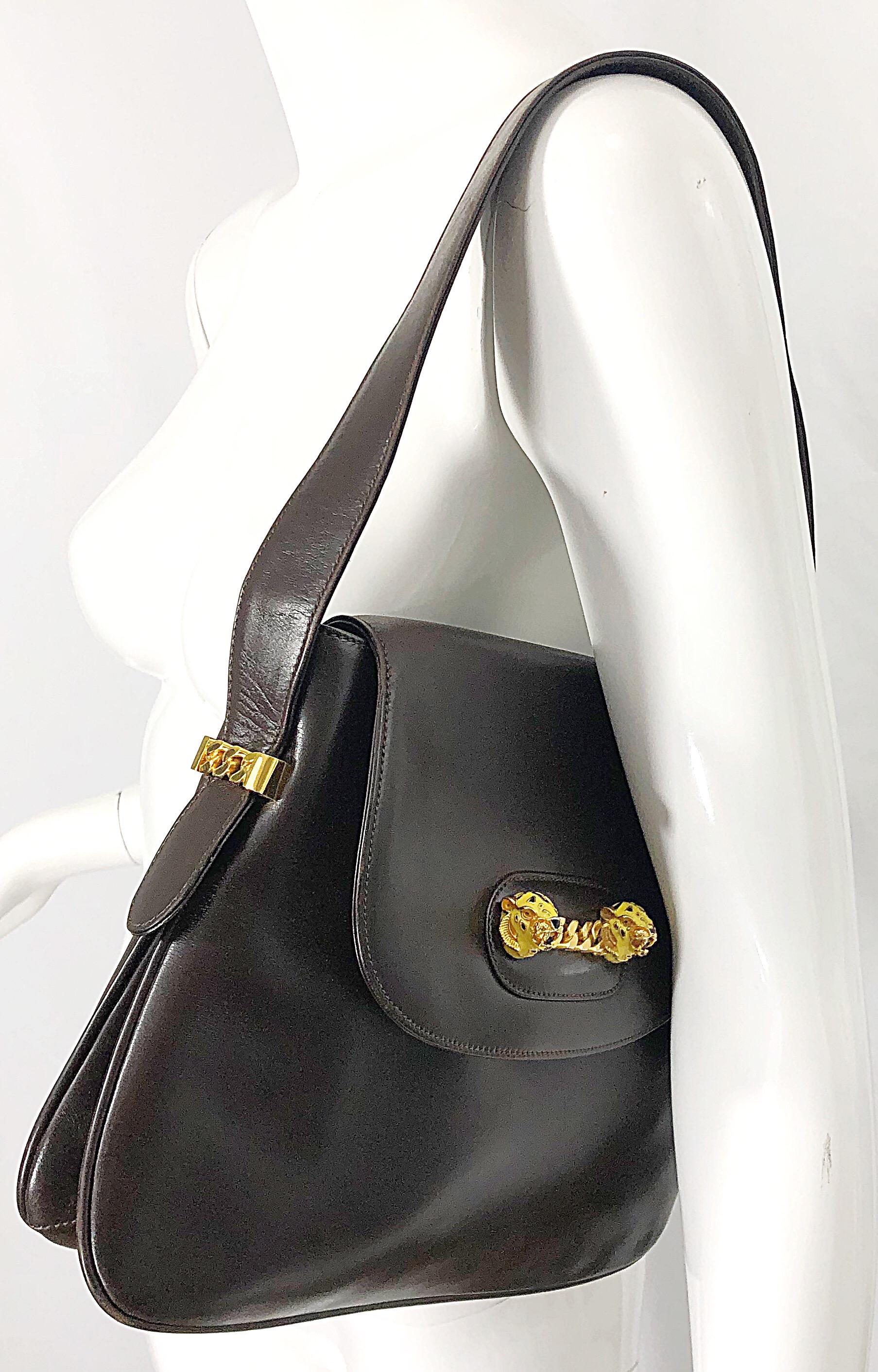 Raro Vintage Gucci 1970s Marrón Cuero Esmaltado Tigre Oro Cadena Bolso Bolso Bolsa 3