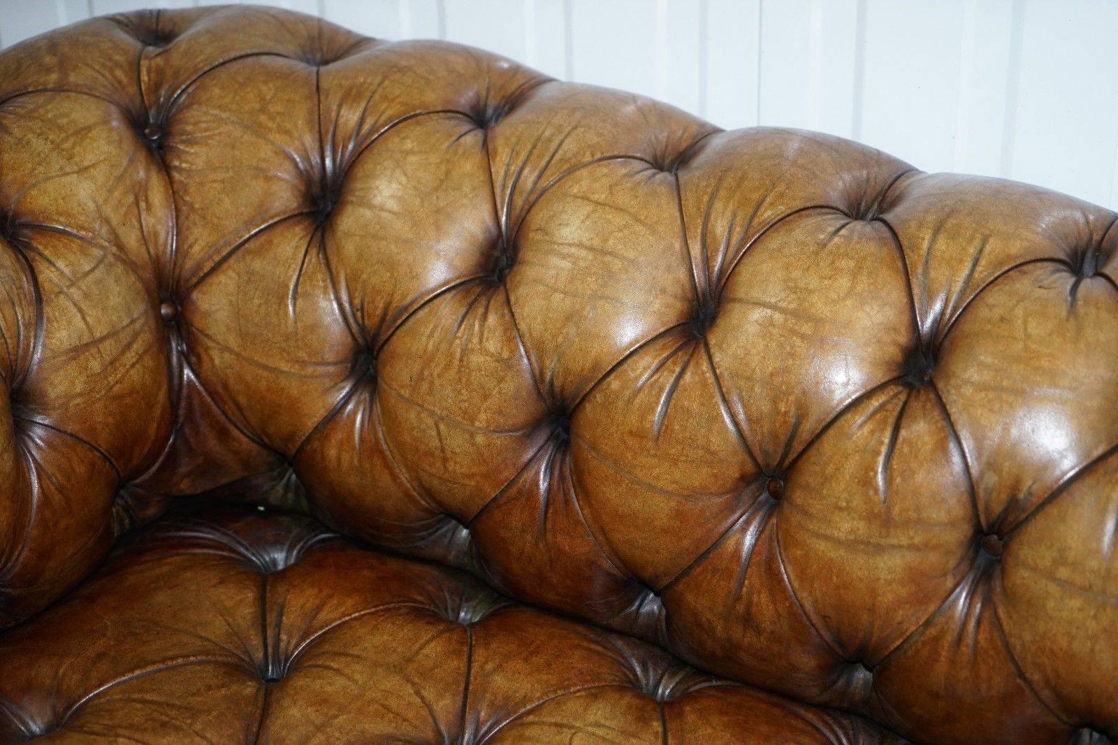 Victorian Rare Vintage Hand Dyed Whiskey Heritage Brown Leather Chesterfield Club Sofa