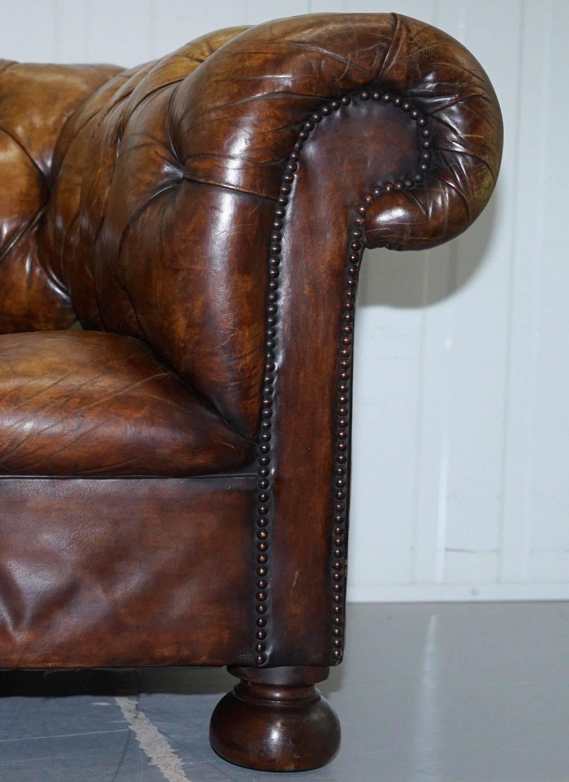 Hand-Crafted Rare Vintage Hand Dyed Whiskey Heritage Brown Leather Chesterfield Club Sofa