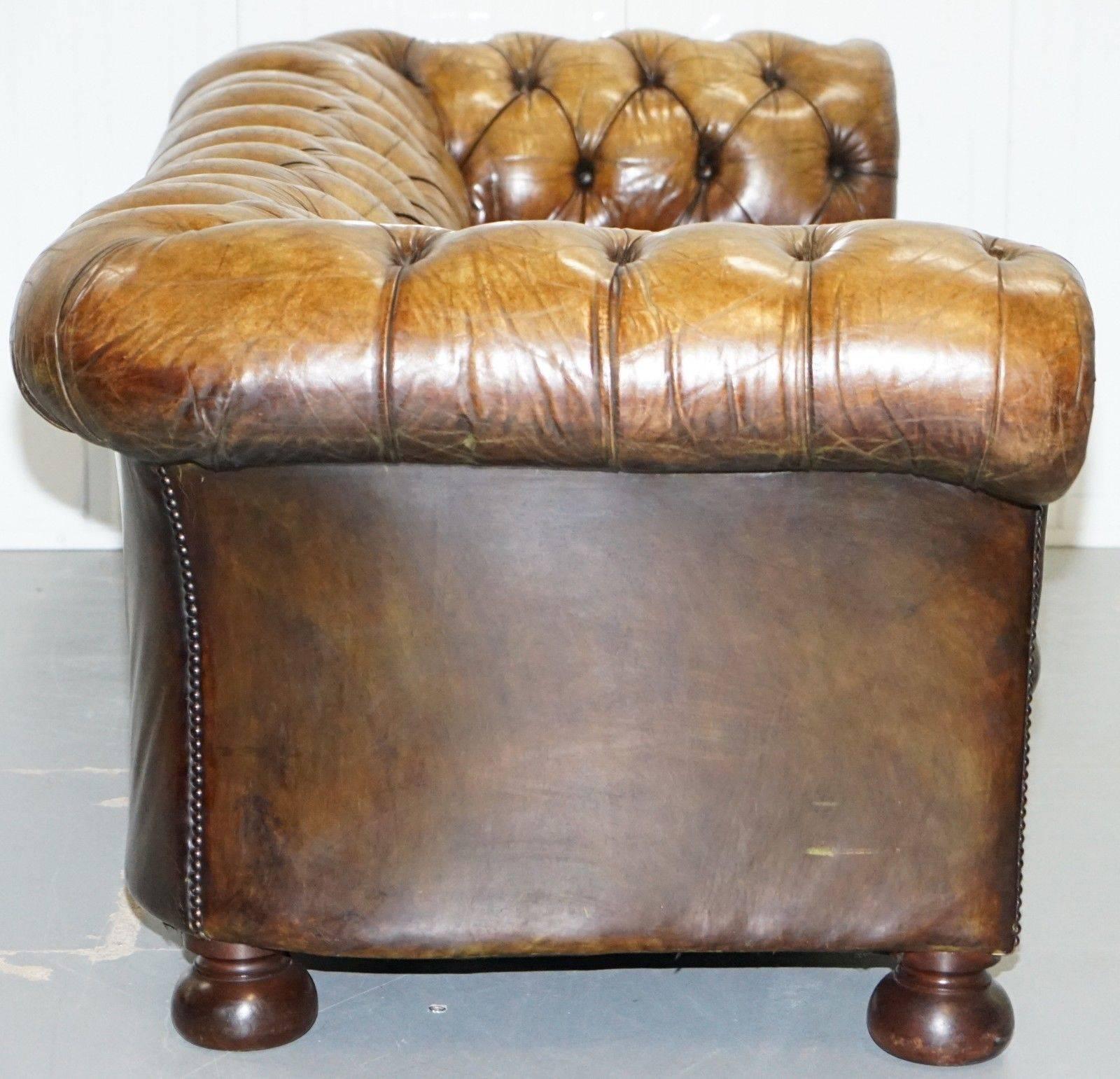 20th Century Rare Vintage Hand Dyed Whiskey Heritage Brown Leather Chesterfield Club Sofa