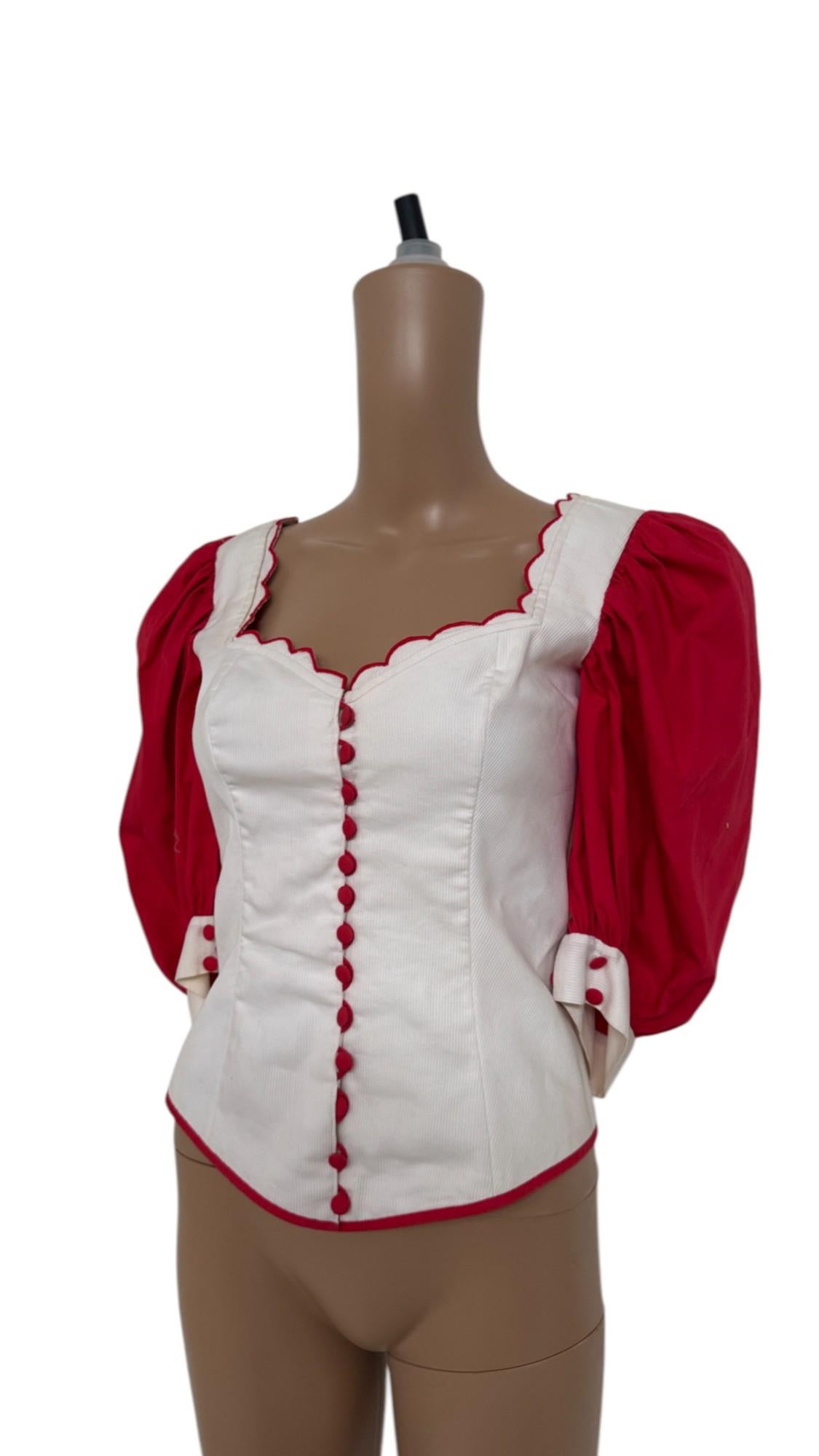 Seltene handgefertigte Bauernkorsettbluse mit Puffärmeln und Wellenbesatz im Angebot 7