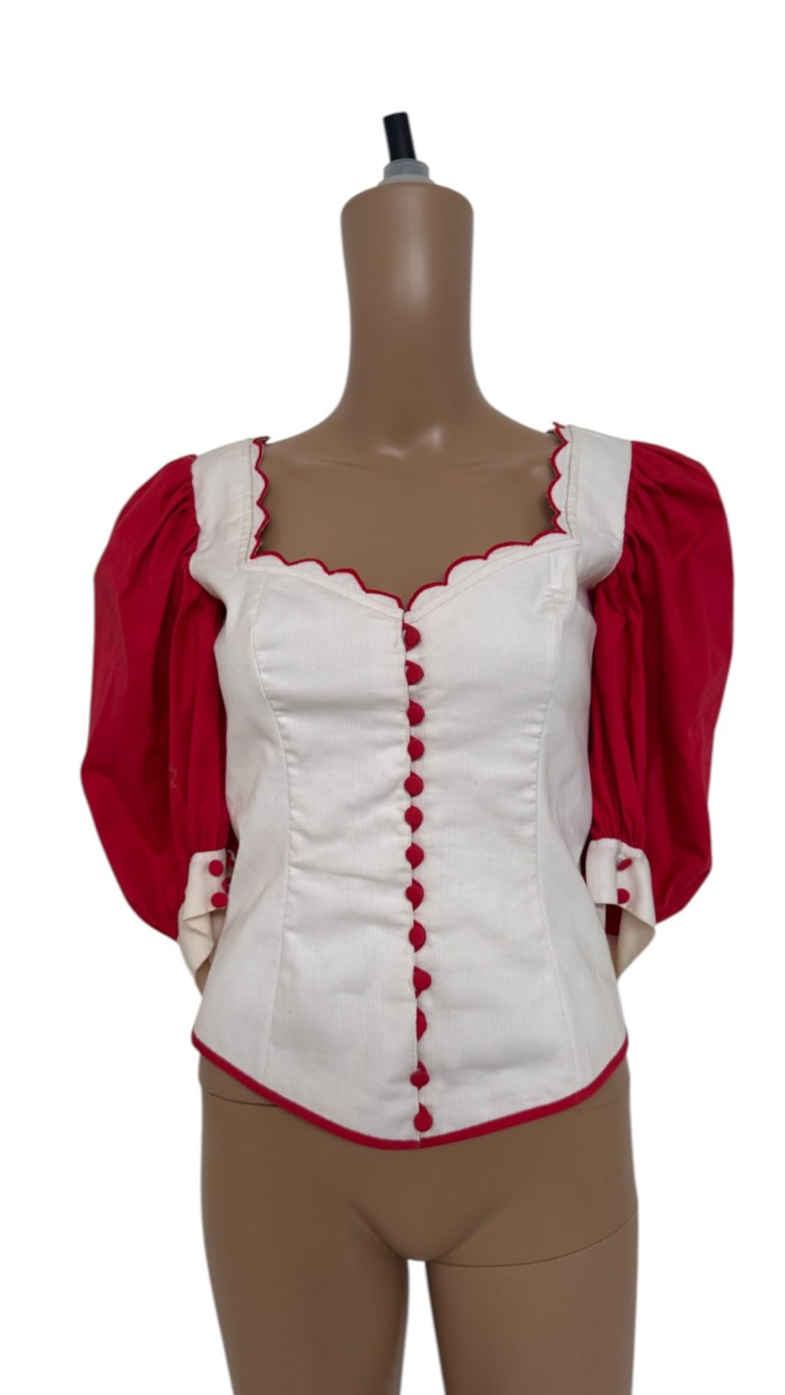 Seltene handgefertigte Bauernkorsettbluse mit Puffärmeln und Wellenbesatz im Angebot 8