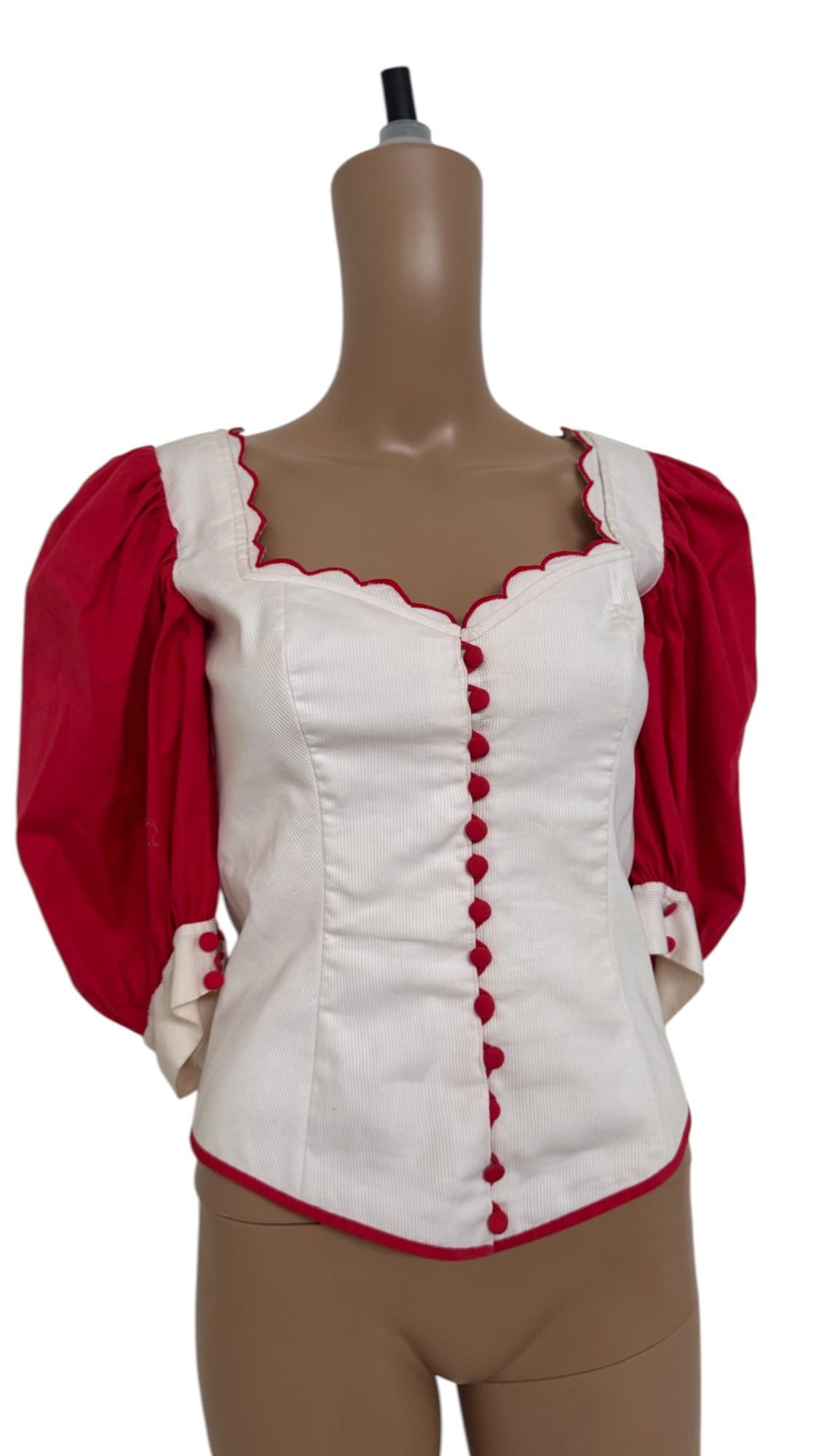 Seltene handgefertigte Bauernkorsettbluse mit Puffärmeln und Wellenbesatz im Angebot 11
