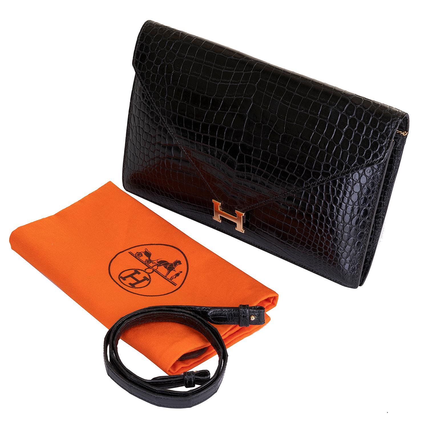 Women's Rare Vintage Hermes Black Crocodile  'Sac Lydie' Clutch or Shoulder Evening Bag