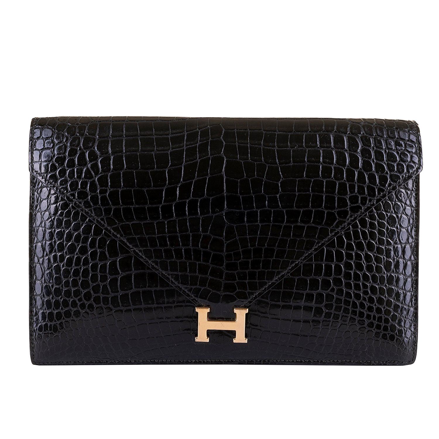 Rare Vintage Hermes Black Crocodile  'Sac Lydie' Clutch or Shoulder Evening Bag