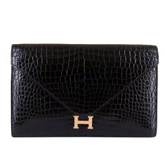 Rare Vintage Hermes Black Crocodile  'Sac Lydie' Clutch or Shoulder Evening Bag