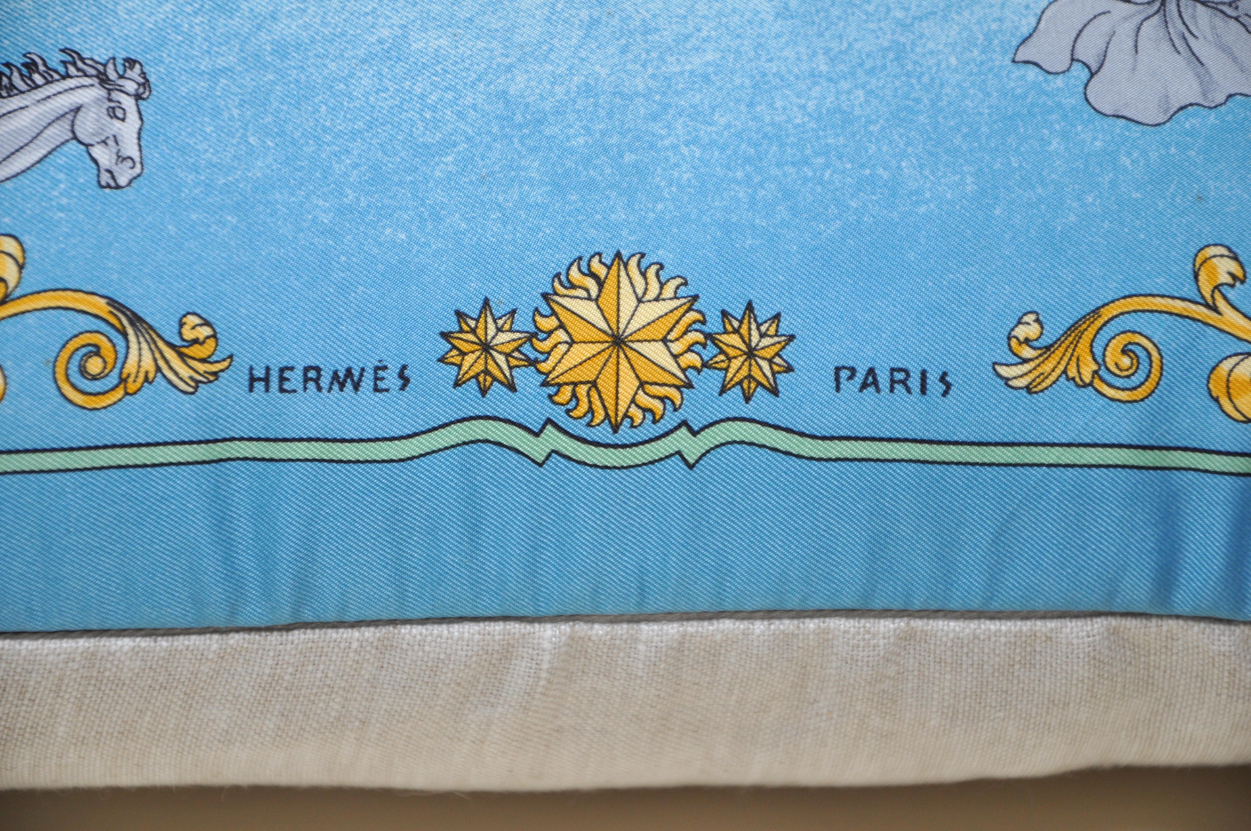 Art Deco Rare Vintage Hermes Blue and Gold Silk Astronomy Scarf and Irish Linen Cushion P For Sale