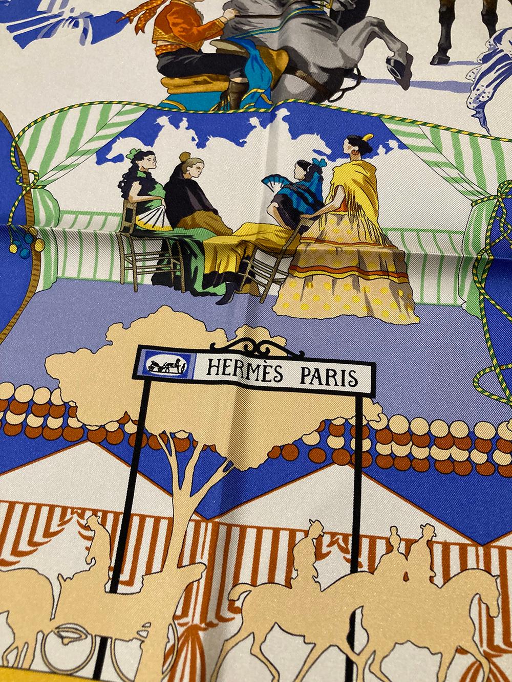 RARE Vintage Hermes Feria de Sevilla Silk Scarf in very good condition. GORGEOUS Hermes Feria de Sevilla silk scarf in black in excellent condition.  Original silk screen design c1996 by Hubert de Watrigant features the festive native cowboys and