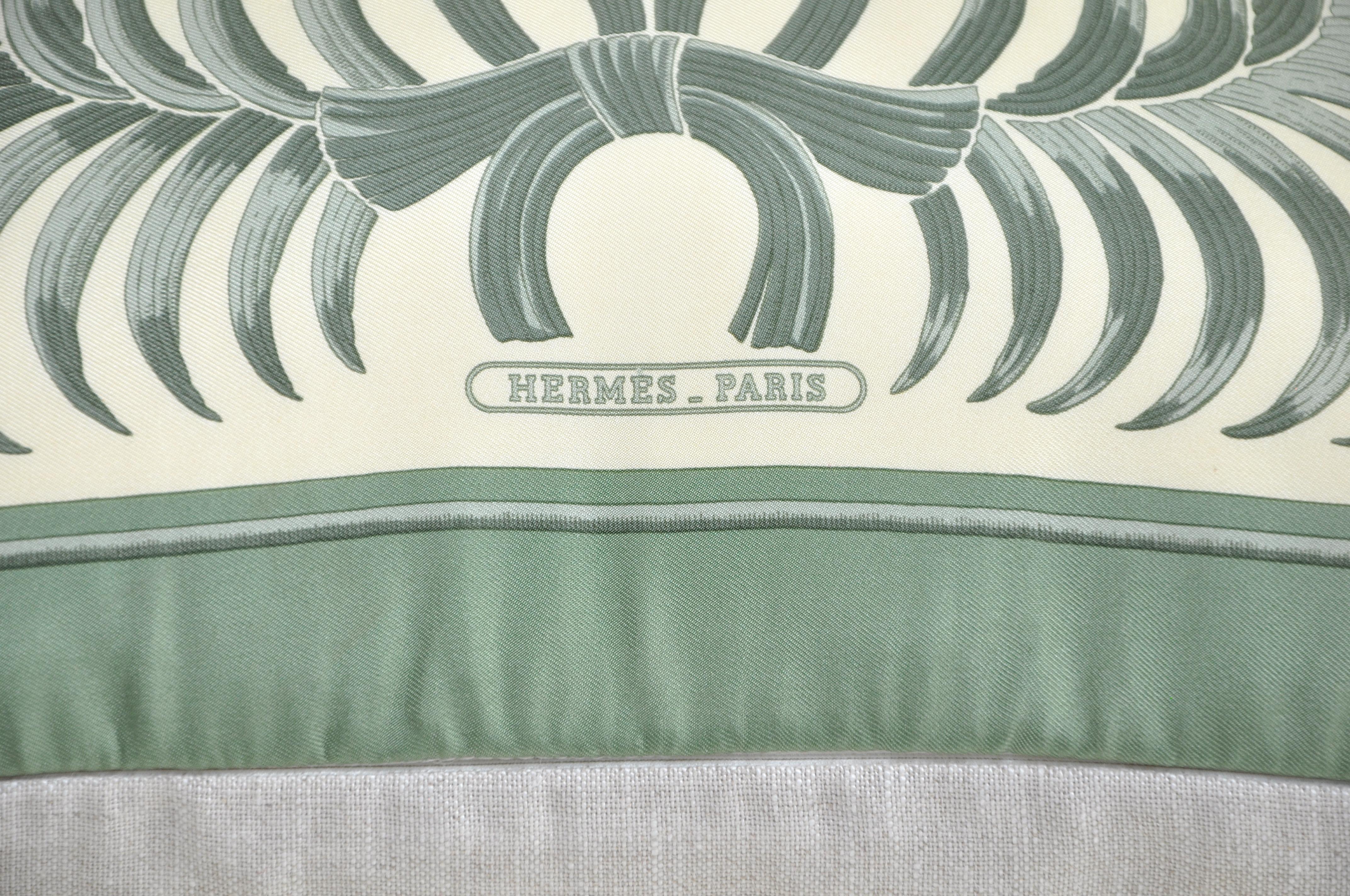 Mid-Century Modern Rare Vintage Hermès French Silk Scarf and Irish Linen Cushions Pillows Green