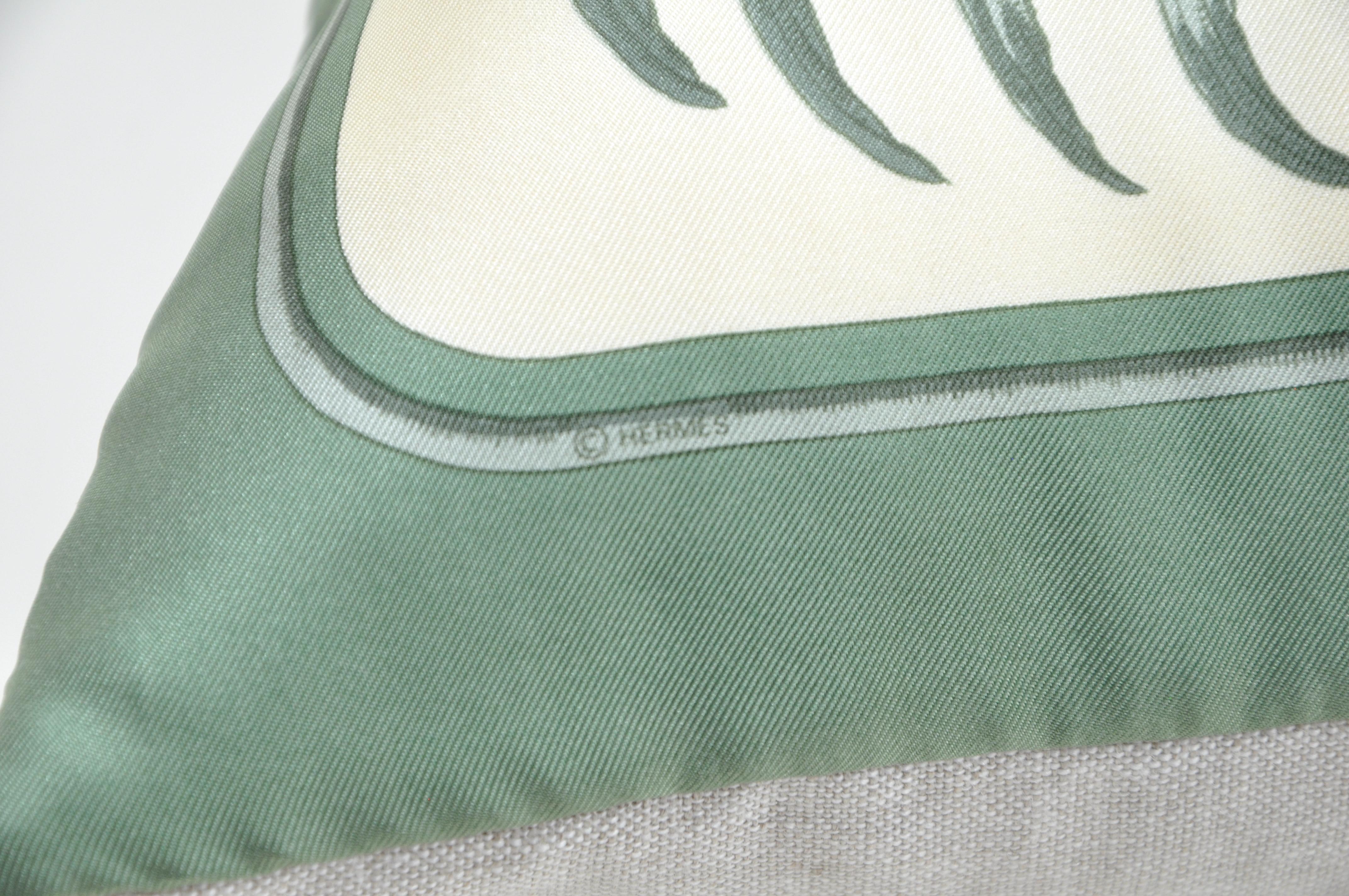 20th Century Rare Vintage Hermès French Silk Scarf and Irish Linen Cushions Pillows Green