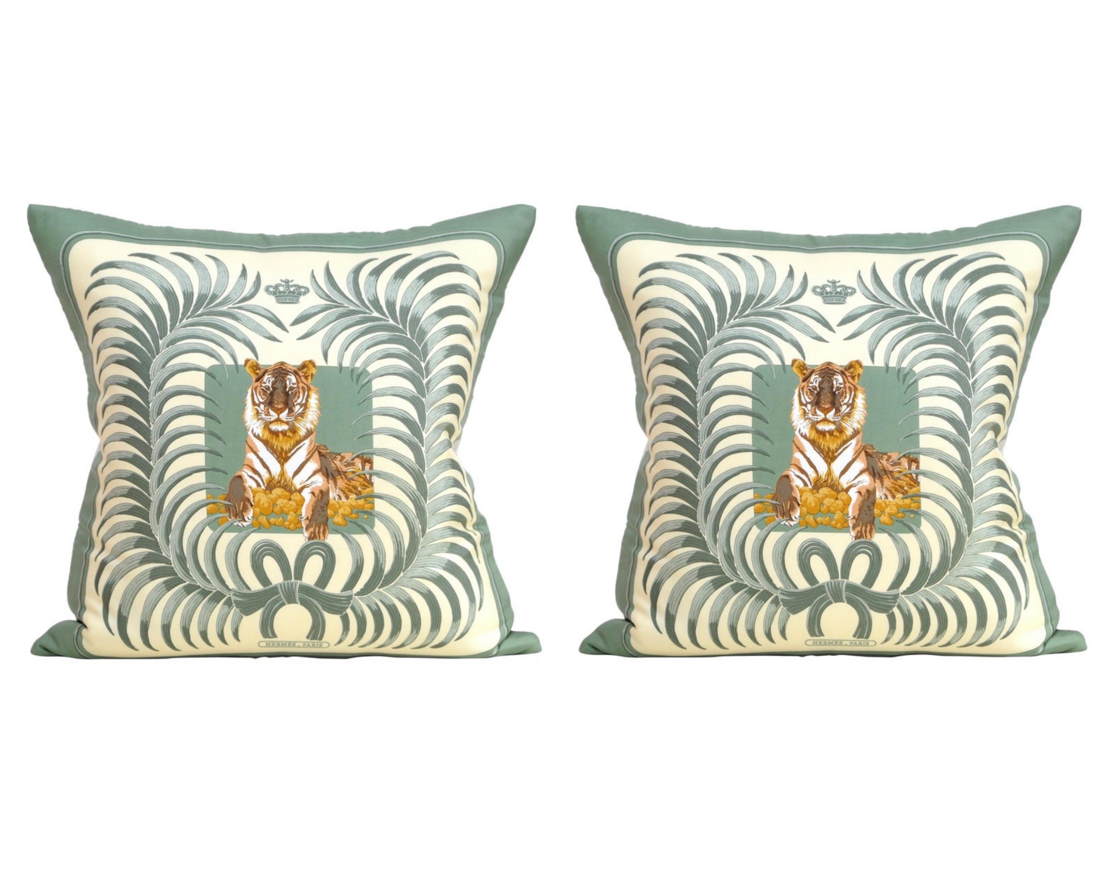 Rare Vintage Hermès French Silk Scarf and Irish Linen Cushions Pillows Green