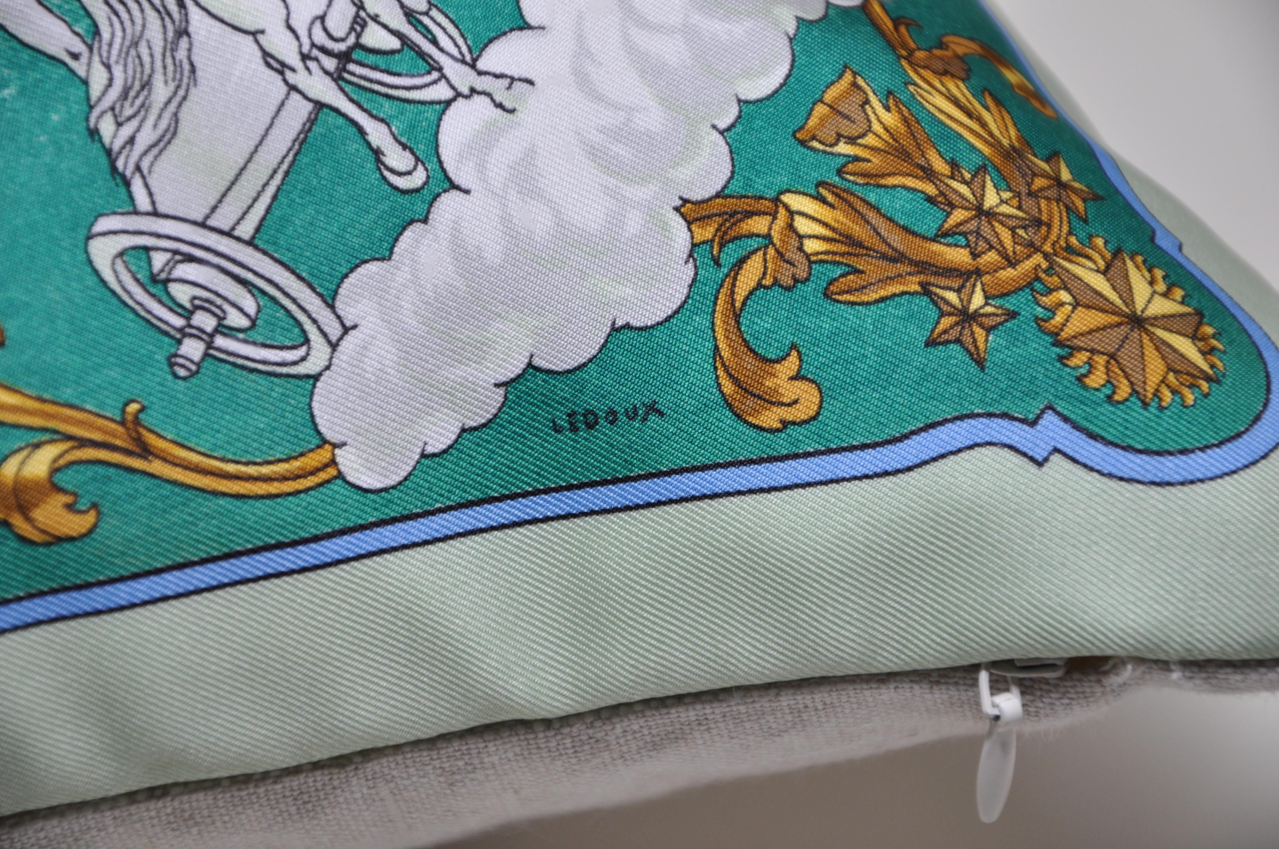 Hand-Crafted Rare Vintage Hermes Green and Gold Silk Astronomy Scarf and Irish Linen Cushion
