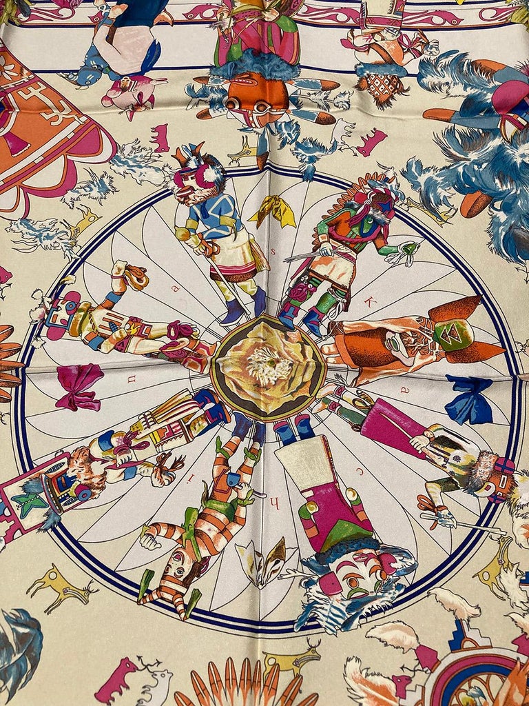 RARE Vintage Hermes Kachinas Silk Scarf in Ivory by Kermit Oliver c1990s In Excellent Condition For Sale In Philadelphia, PA