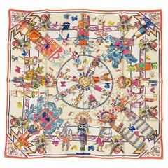 RARE Vintage Hermes Kachinas Silk Scarf in Ivory by Kermit Oliver c1990s