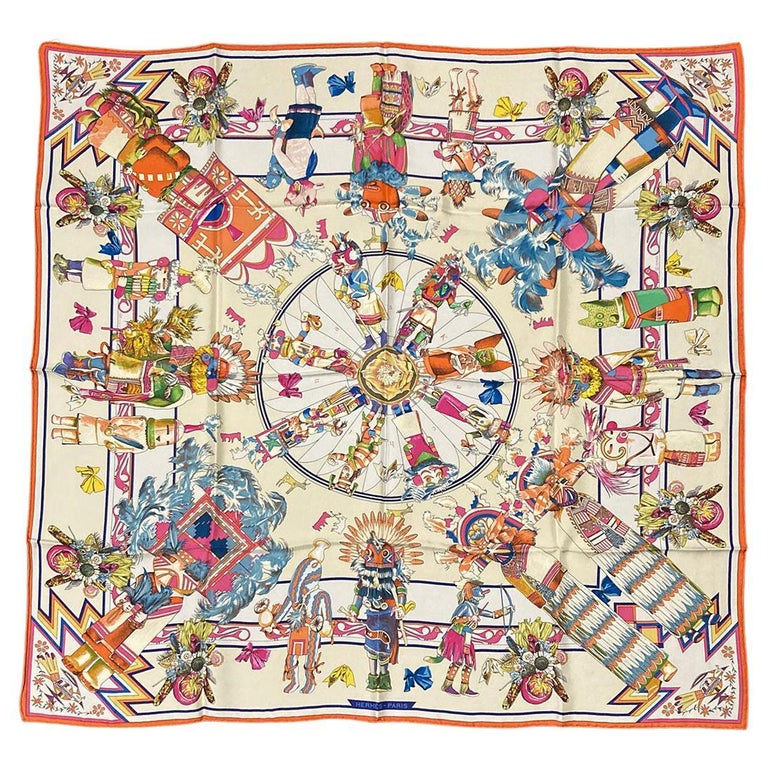 RARE Vintage Hermes Kachinas Silk Scarf in Ivory by Kermit Oliver c1990s For Sale