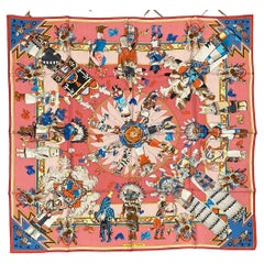 RARO Foulard di seta Hermes Kachinas d'epoca in rosa di Kermit Oliver anni '90 circa