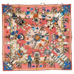 RARE Foulard en soie Hermès Kachinas rose par Kermit Oliver c1990s