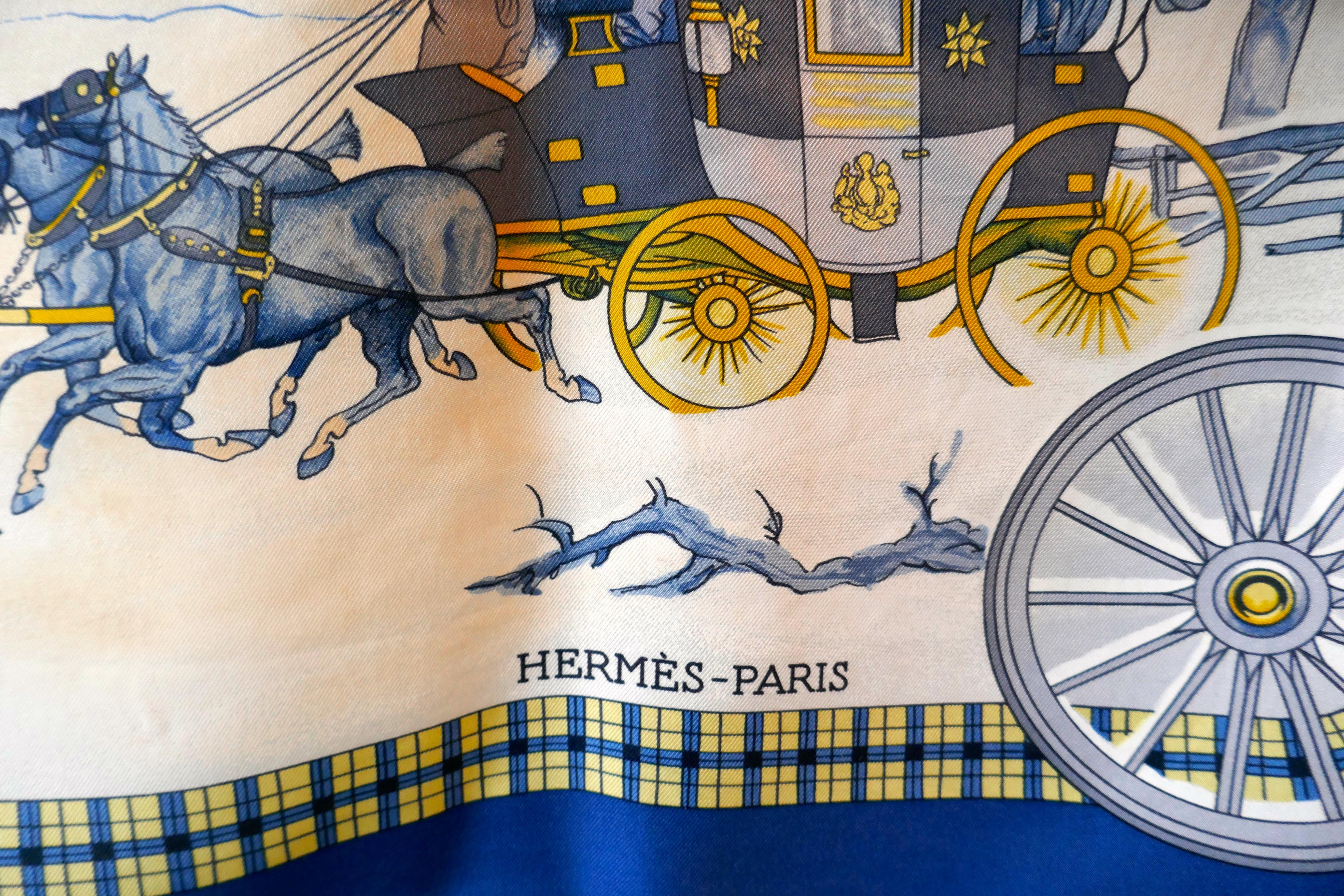 Rare Vintage HERMÈS Philippe Ledoux from 1975 “L’Hiver en Poste” 100% Silk Scarf 4