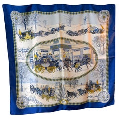 Rare Foulard Vintage HERMÈS Philippe Ledoux de 1975 L'Hiver en Poste 100% Soie