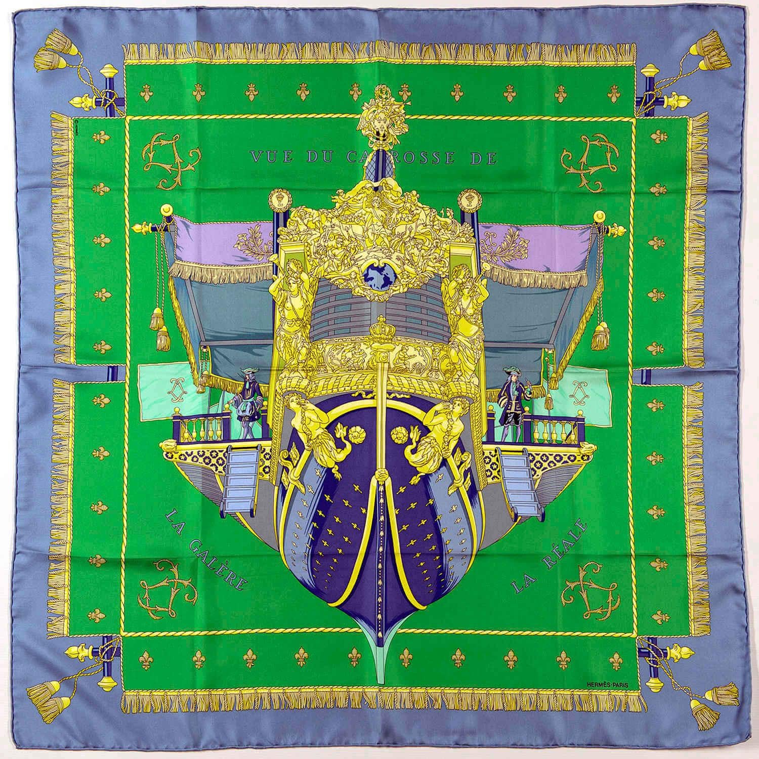 Green Rare Vintage Hermes Silk Scarf Designed 'Vues du Carosse' by Hugo Grygkar