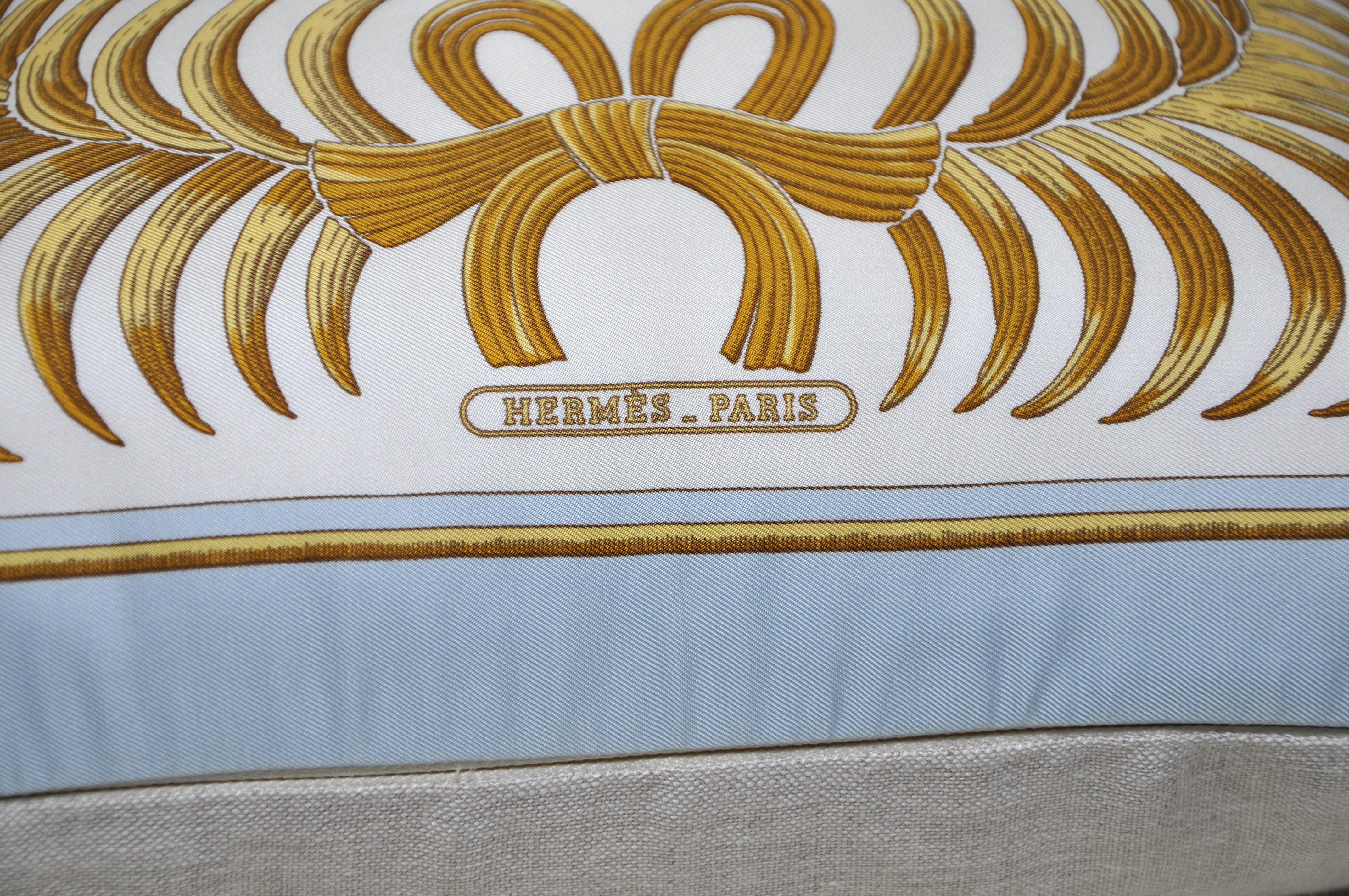 Title:
Rare vintage Hermès tiger silk scarf and Irish linen cushion pillow blue gold

The ‘crème de la crème’ of scarves, this beauty is a one-of-a-kind custom made luxury cushion (pillow) from an exquisite vintage silk Hermes fashion scarf