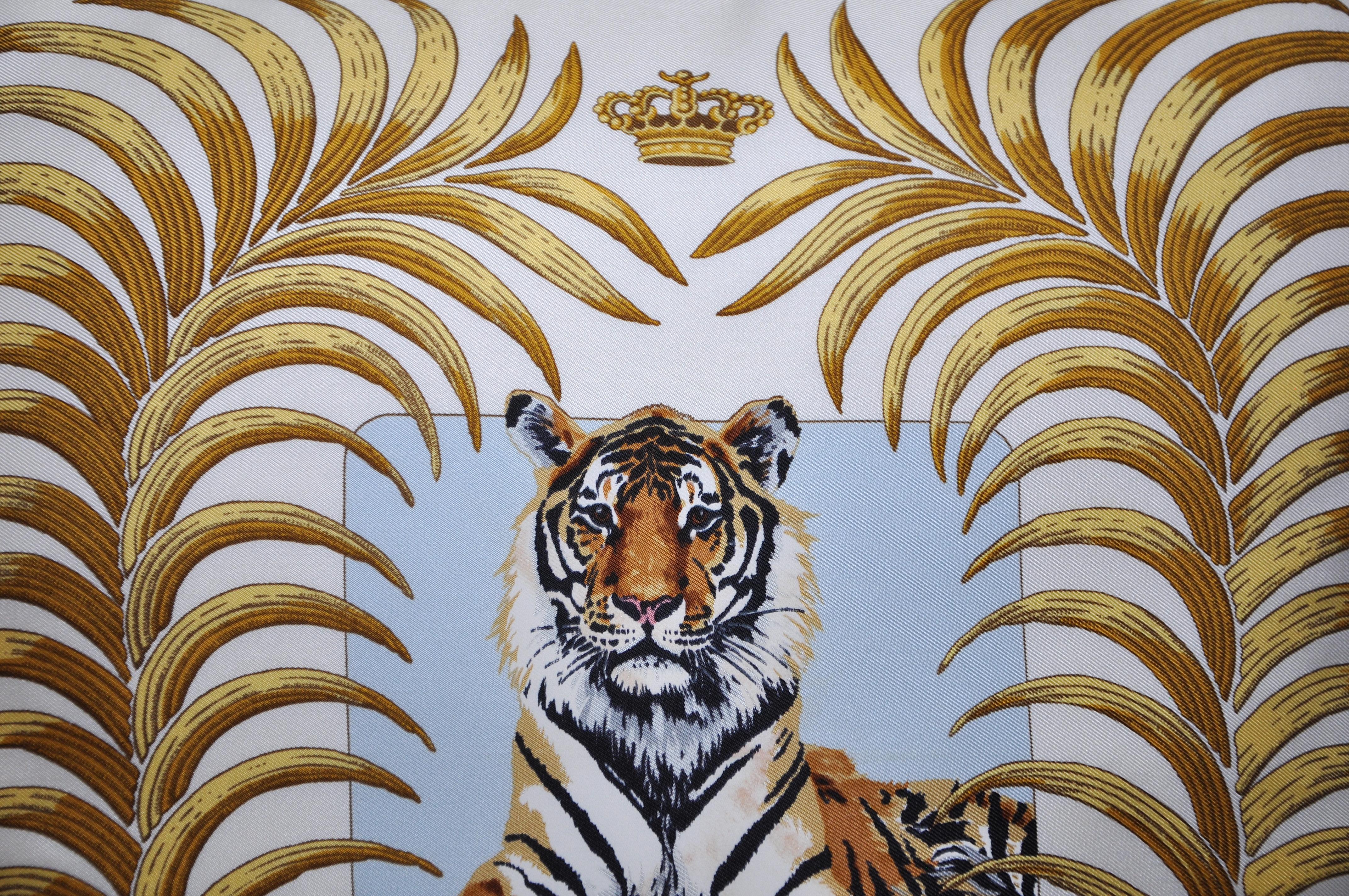 Baroque Rare Vintage Hermès Tiger Silk Scarf and Irish Linen Cushion Pillow Blue Gold