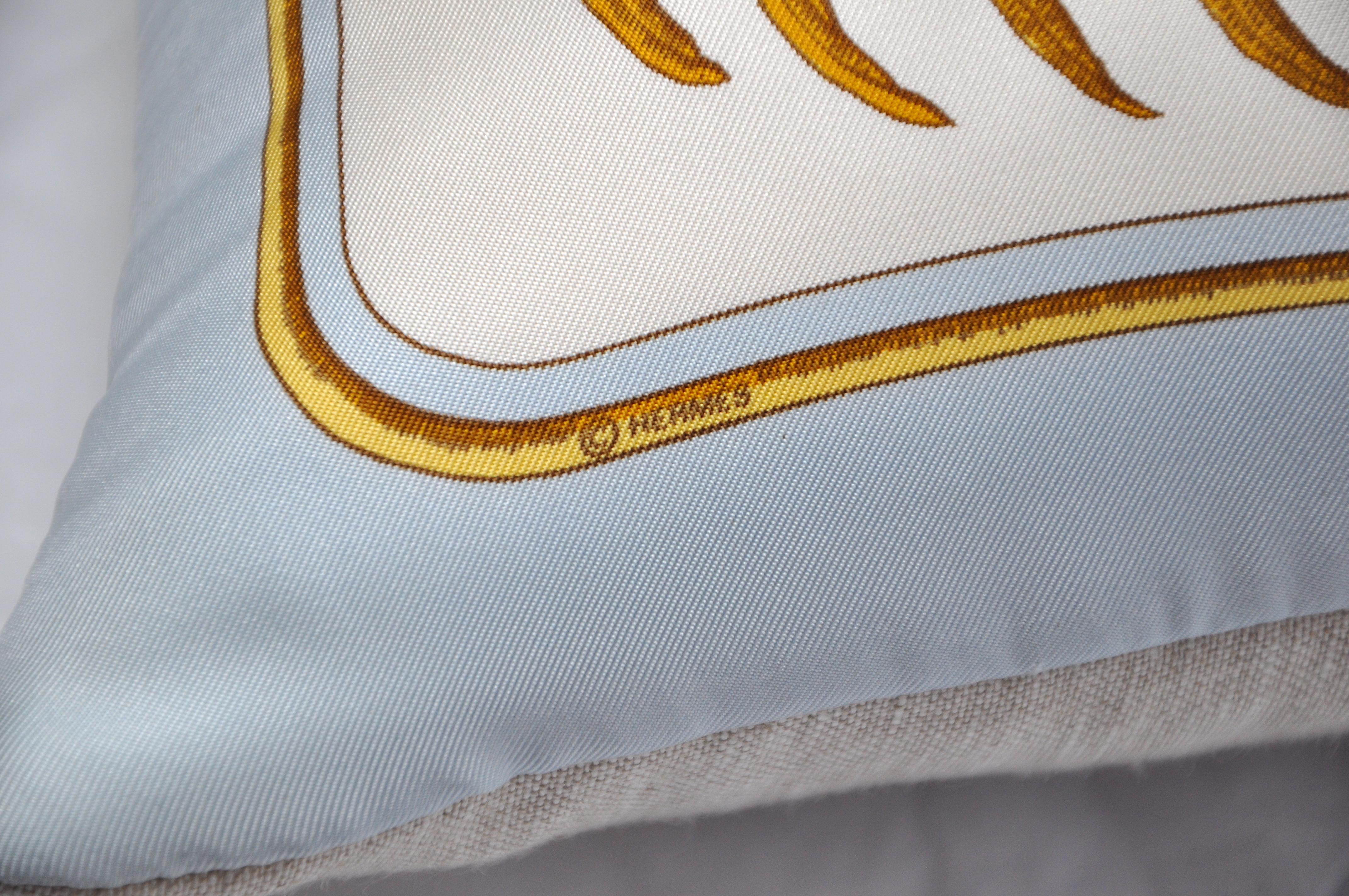 French Rare Vintage Hermès Tiger Silk Scarf and Irish Linen Cushion Pillow Blue Gold