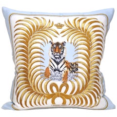 Rare Used Hermès Tiger Silk Scarf and Irish Linen Cushion Pillow Blue Gold