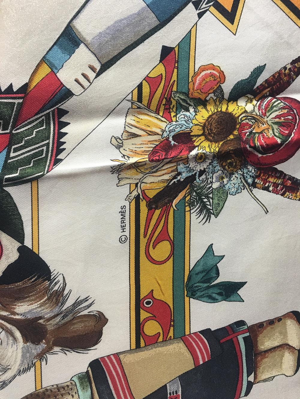 RARE Vintage Hermes White Kachinas Silk Scarf Kermit Oliver c1990s In Excellent Condition In Philadelphia, PA