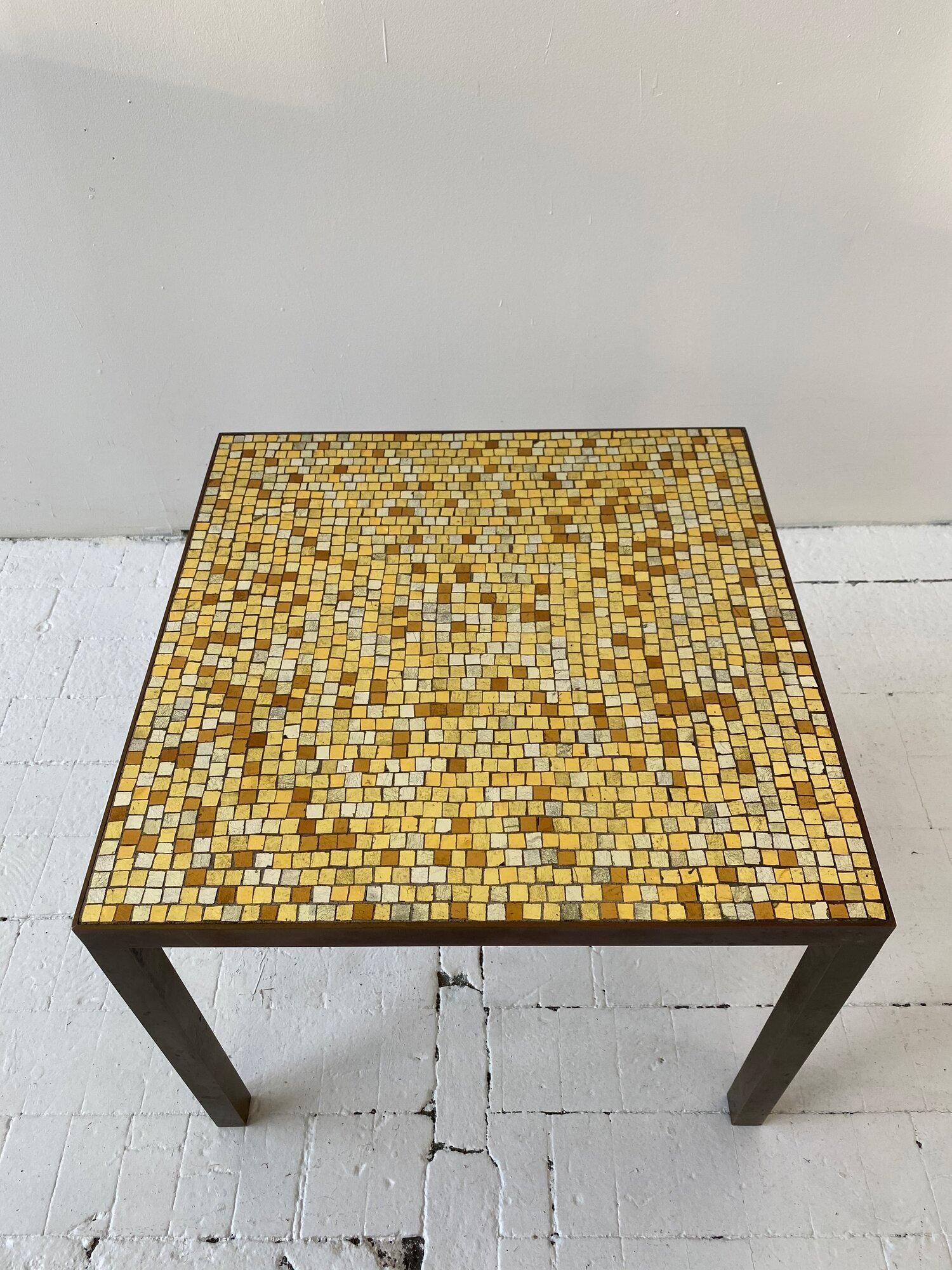 Rare Vintage Hollywood Regency Brass Frame and Glass Metallic Mosaic Tile Tables For Sale 5